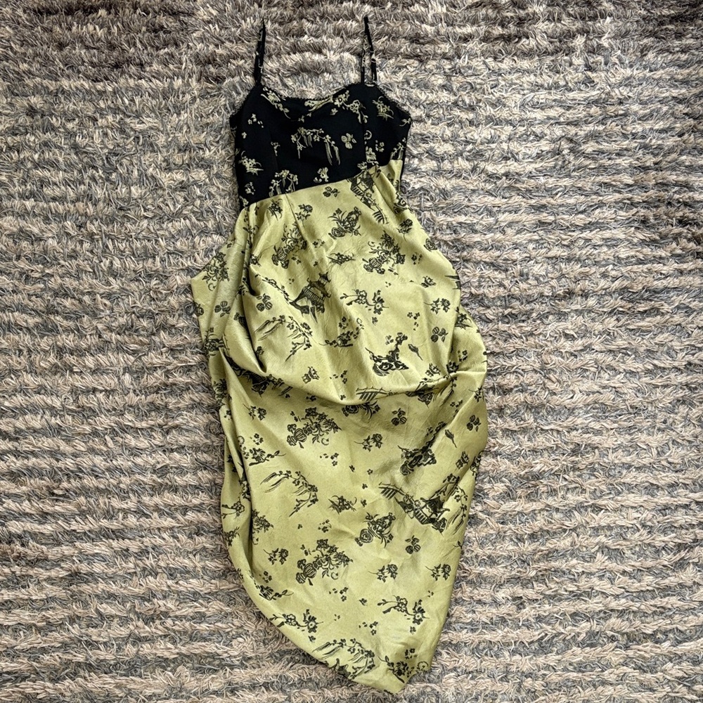 Rimless Black and Olive Floral Designer Dress, Size S - Picture 2 of 8